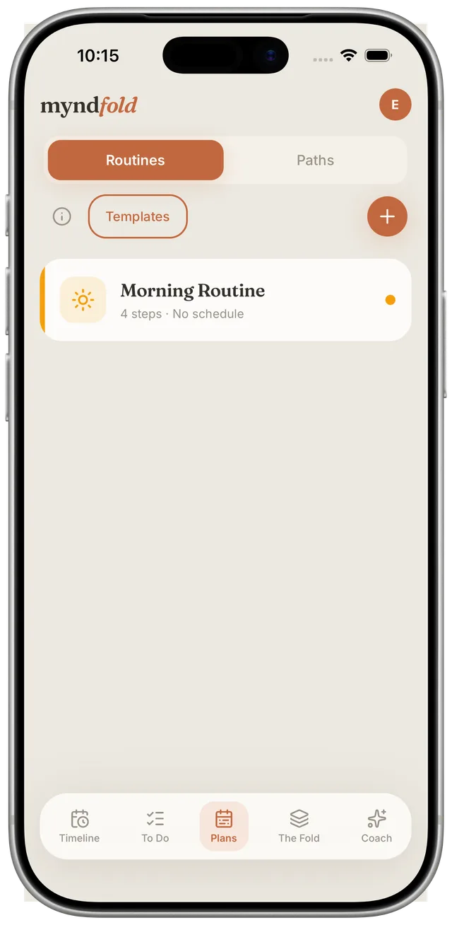 Myndfold Plans screen showing a Morning Routine card with 4 steps, shown in an iPhone frame