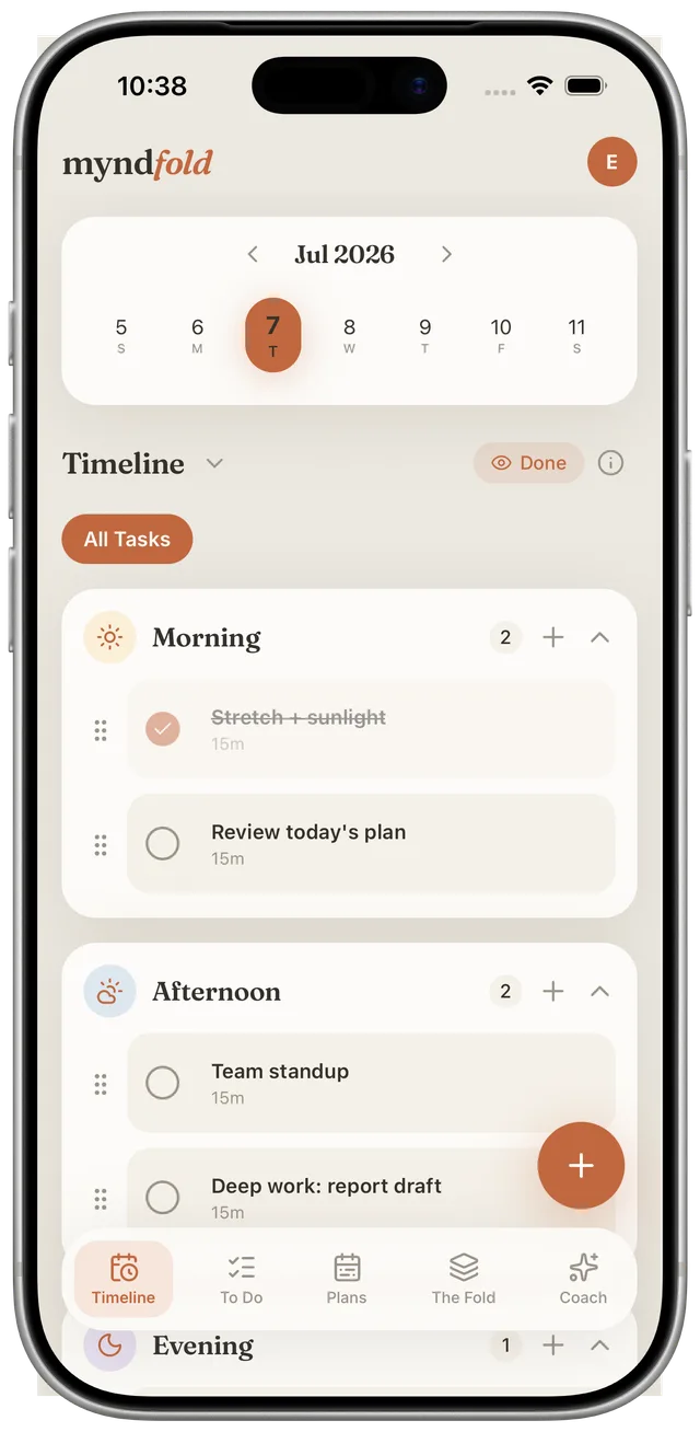 Myndfold Timeline screen with a day's tasks, two already checked off, shown in an iPhone frame