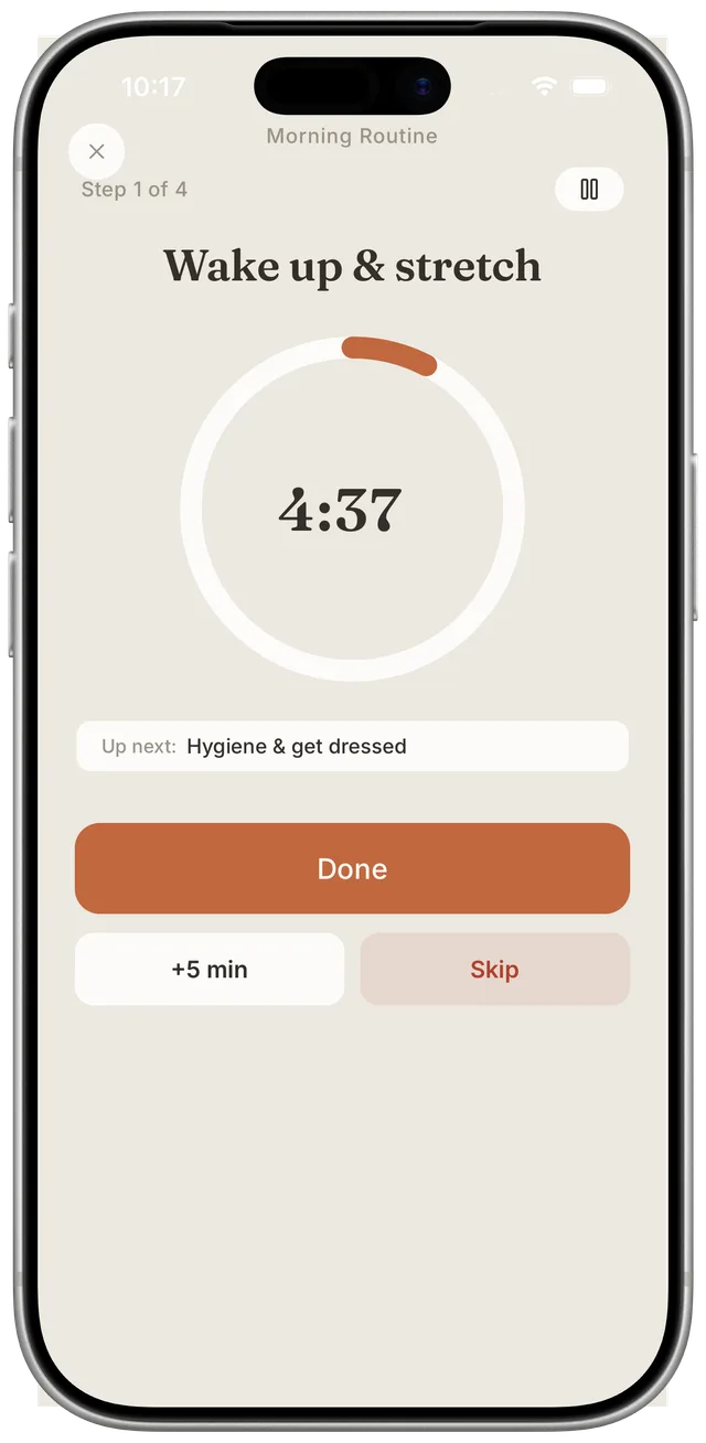 Myndfold routine execution screen showing a per-step countdown timer for Wake up & stretch, shown in an iPhone frame